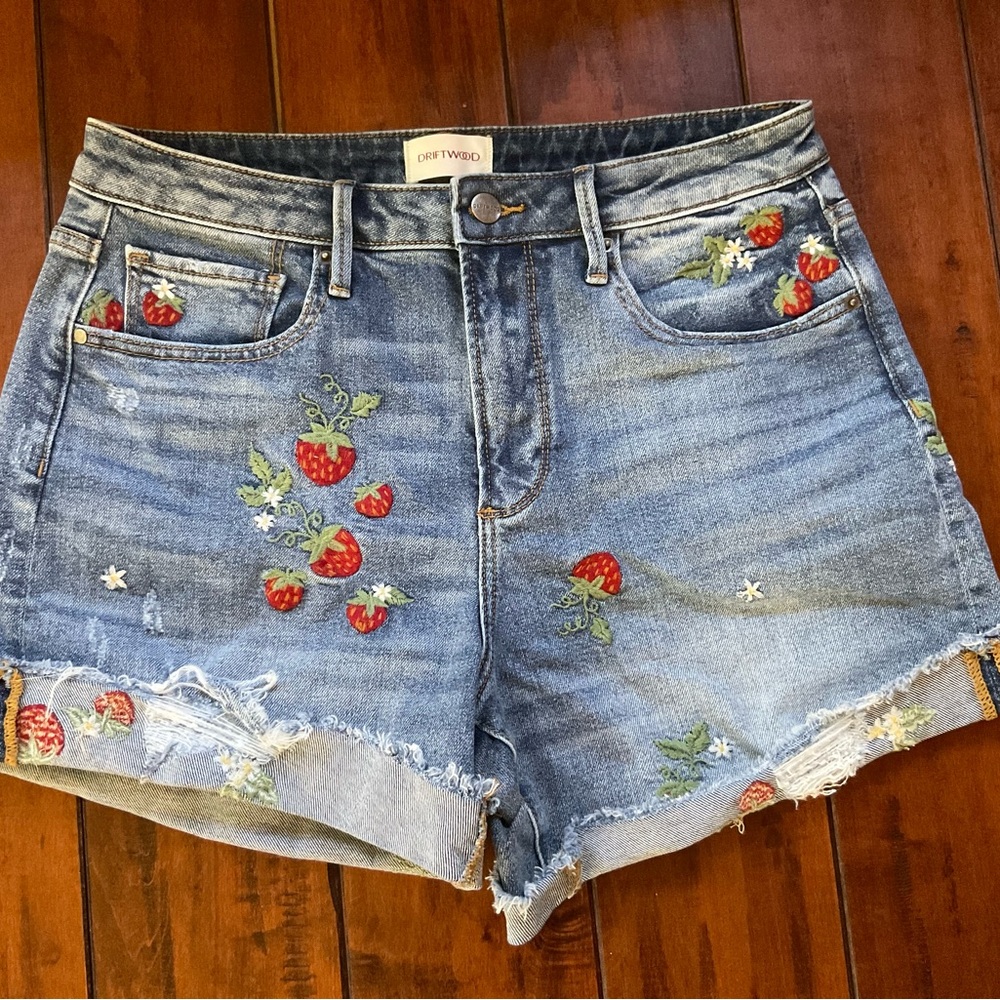 DRIFTWOOD Blue Denim Shorts with Strawberry Embroidery